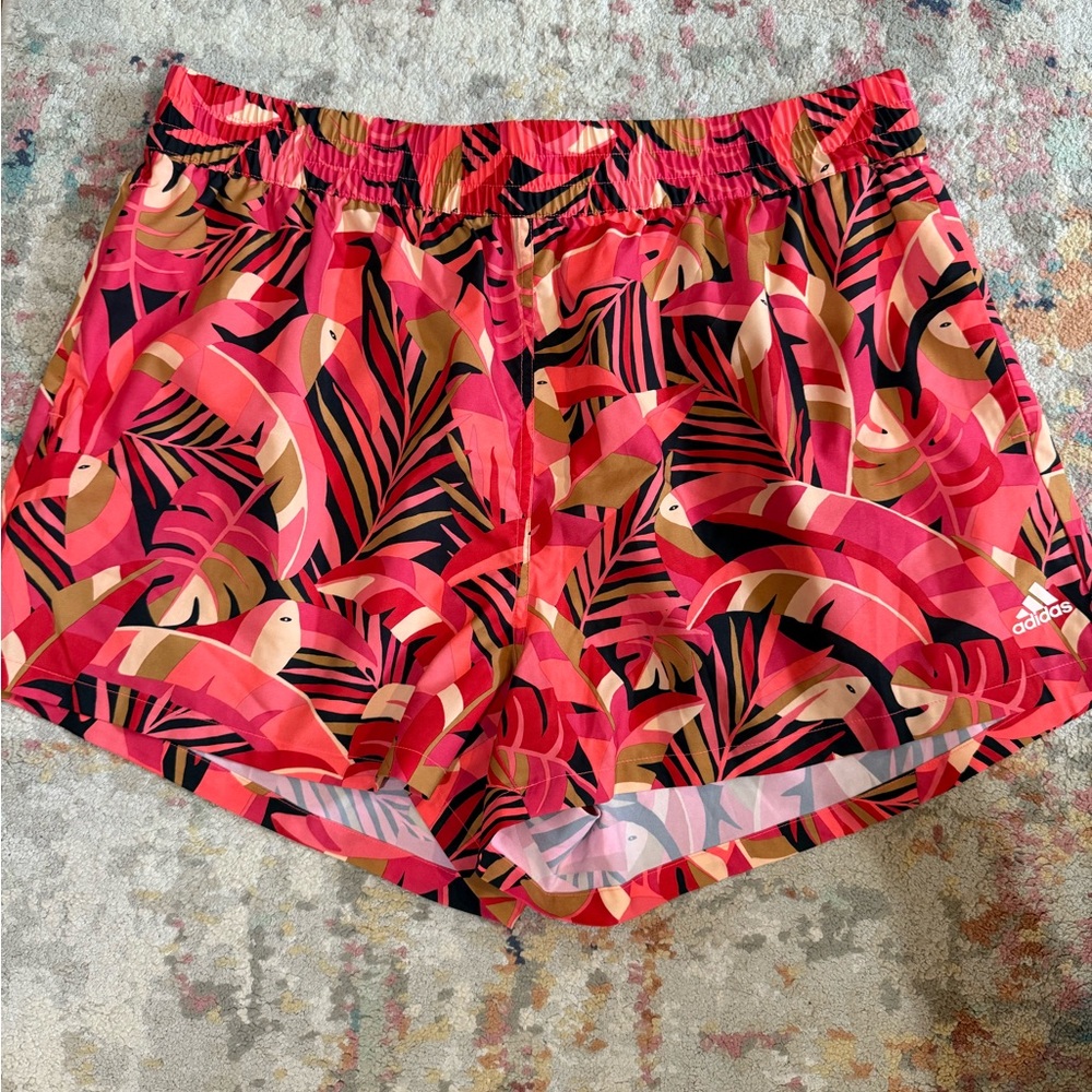 Adidas Pink and Tan Athletic Shorts with Tropical Print